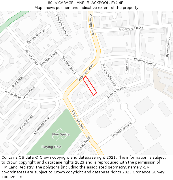 80, VICARAGE LANE, BLACKPOOL, FY4 4EL: Location map and indicative extent of plot