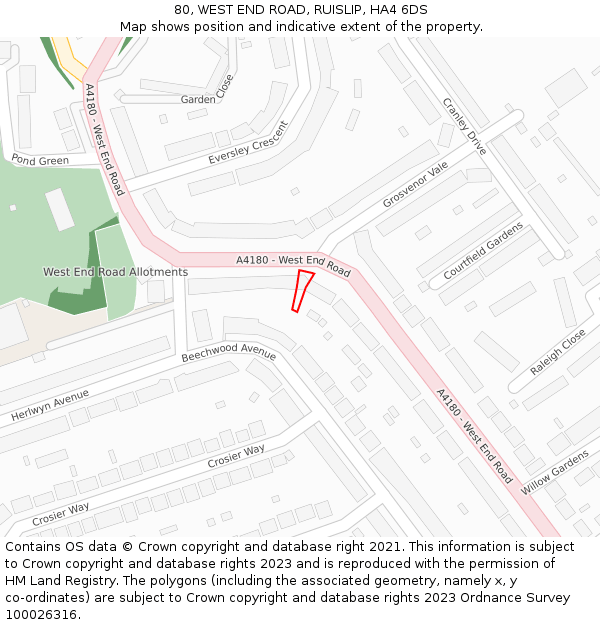 80, WEST END ROAD, RUISLIP, HA4 6DS: Location map and indicative extent of plot