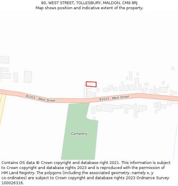 80, WEST STREET, TOLLESBURY, MALDON, CM9 8RJ: Location map and indicative extent of plot