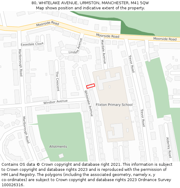 80, WHITELAKE AVENUE, URMSTON, MANCHESTER, M41 5QW: Location map and indicative extent of plot