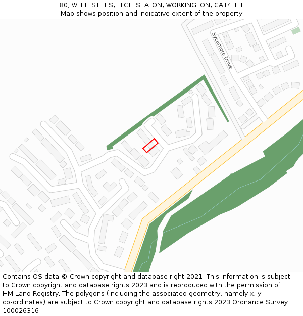 80, WHITESTILES, HIGH SEATON, WORKINGTON, CA14 1LL: Location map and indicative extent of plot