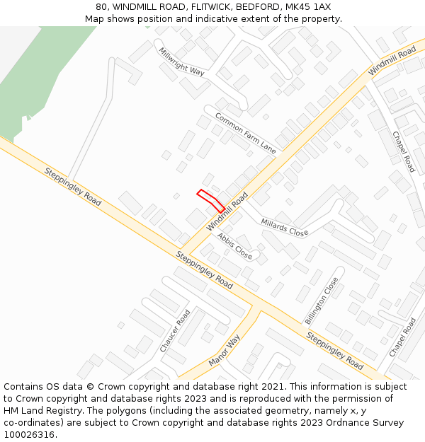 80, WINDMILL ROAD, FLITWICK, BEDFORD, MK45 1AX: Location map and indicative extent of plot