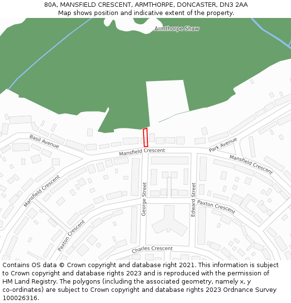 80A, MANSFIELD CRESCENT, ARMTHORPE, DONCASTER, DN3 2AA: Location map and indicative extent of plot