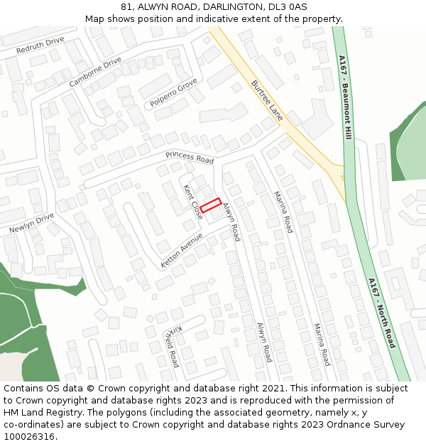 81, ALWYN ROAD, DARLINGTON, DL3 0AS: Location map and indicative extent of plot