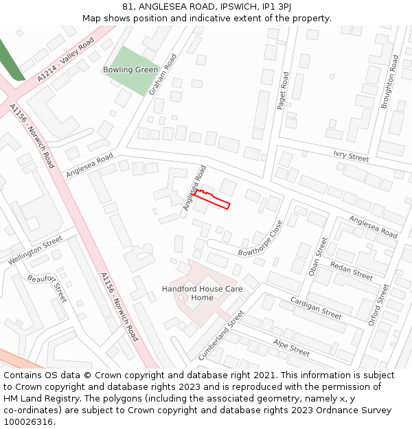 81, ANGLESEA ROAD, IPSWICH, IP1 3PJ: Location map and indicative extent of plot