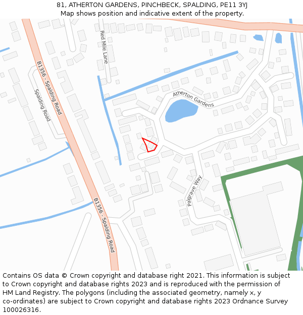 81, ATHERTON GARDENS, PINCHBECK, SPALDING, PE11 3YJ: Location map and indicative extent of plot