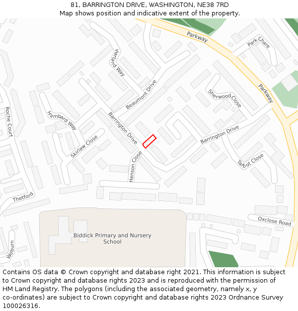 81, BARRINGTON DRIVE, WASHINGTON, NE38 7RD: Location map and indicative extent of plot