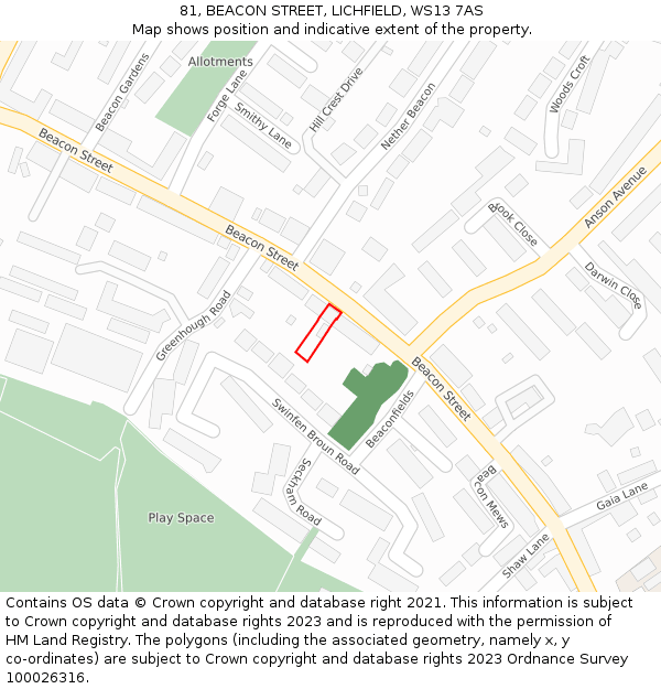 81, BEACON STREET, LICHFIELD, WS13 7AS: Location map and indicative extent of plot