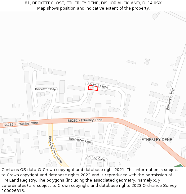 81, BECKETT CLOSE, ETHERLEY DENE, BISHOP AUCKLAND, DL14 0SX: Location map and indicative extent of plot