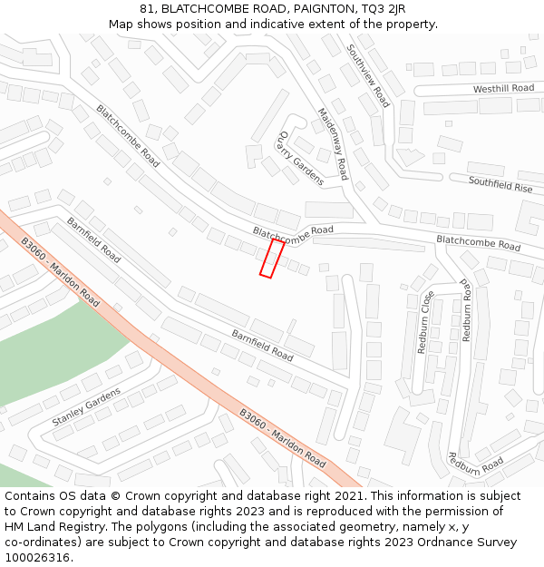 81, BLATCHCOMBE ROAD, PAIGNTON, TQ3 2JR: Location map and indicative extent of plot