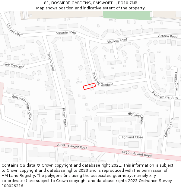 81, BOSMERE GARDENS, EMSWORTH, PO10 7NR: Location map and indicative extent of plot