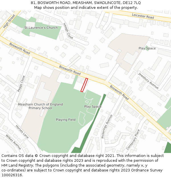 81, BOSWORTH ROAD, MEASHAM, SWADLINCOTE, DE12 7LQ: Location map and indicative extent of plot