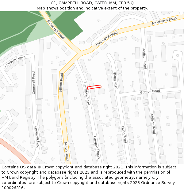 81, CAMPBELL ROAD, CATERHAM, CR3 5JQ: Location map and indicative extent of plot