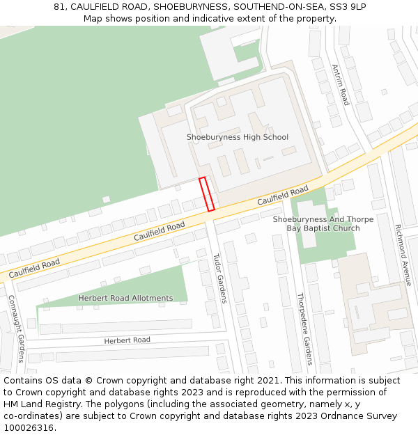 81, CAULFIELD ROAD, SHOEBURYNESS, SOUTHEND-ON-SEA, SS3 9LP: Location map and indicative extent of plot