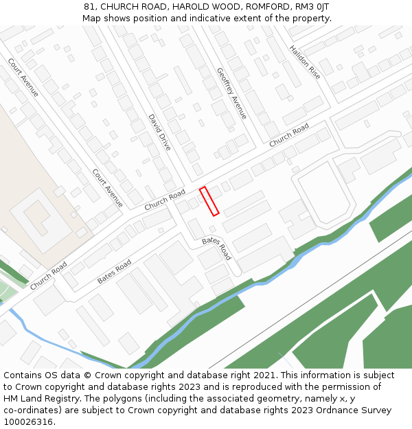 81, CHURCH ROAD, HAROLD WOOD, ROMFORD, RM3 0JT: Location map and indicative extent of plot