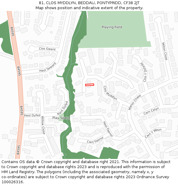 81, CLOS MYDDLYN, BEDDAU, PONTYPRIDD, CF38 2JT: Location map and indicative extent of plot