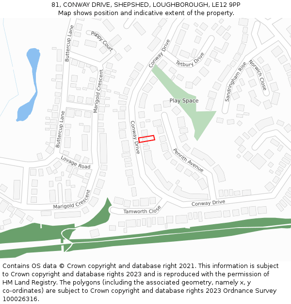 81, CONWAY DRIVE, SHEPSHED, LOUGHBOROUGH, LE12 9PP: Location map and indicative extent of plot