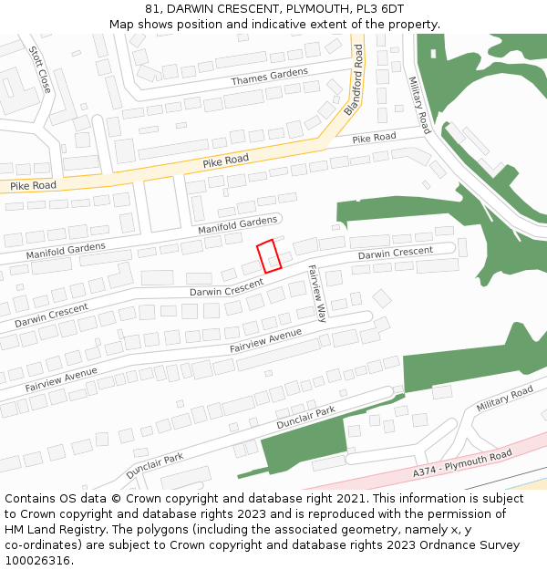 81, DARWIN CRESCENT, PLYMOUTH, PL3 6DT: Location map and indicative extent of plot