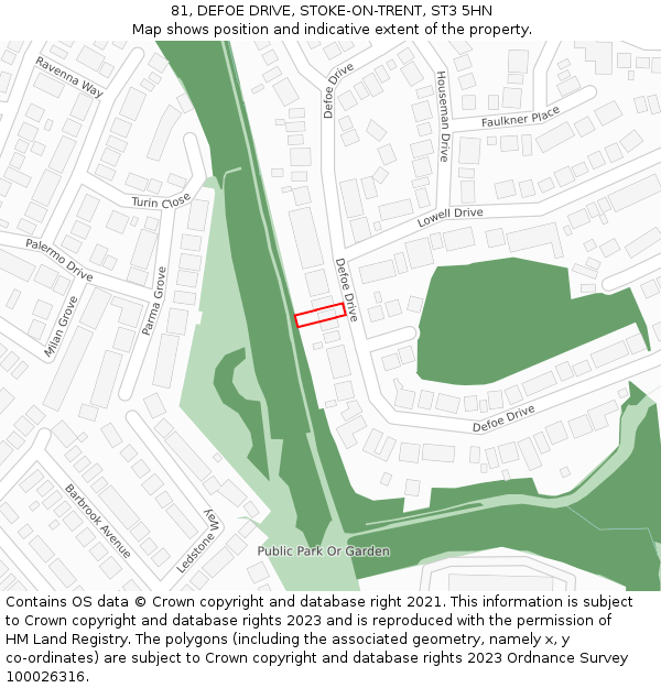 81, DEFOE DRIVE, STOKE-ON-TRENT, ST3 5HN: Location map and indicative extent of plot