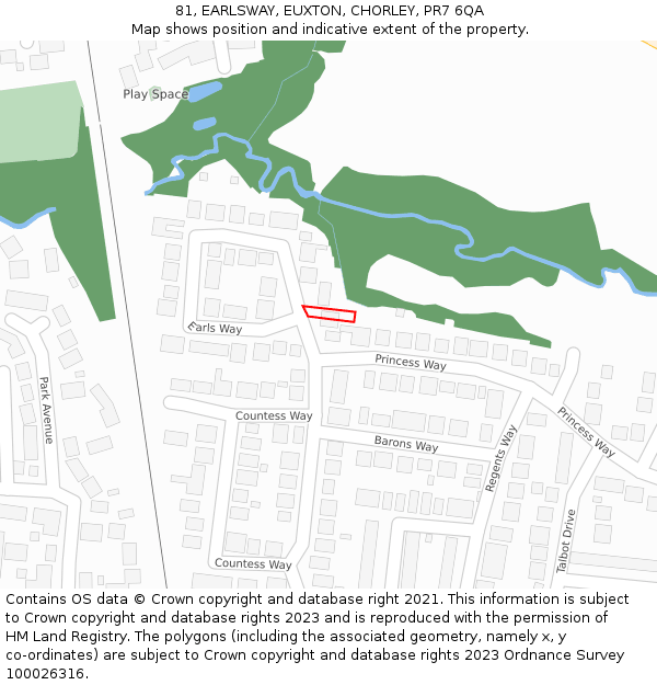 81, EARLSWAY, EUXTON, CHORLEY, PR7 6QA: Location map and indicative extent of plot
