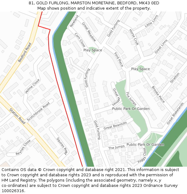 81, GOLD FURLONG, MARSTON MORETAINE, BEDFORD, MK43 0ED: Location map and indicative extent of plot