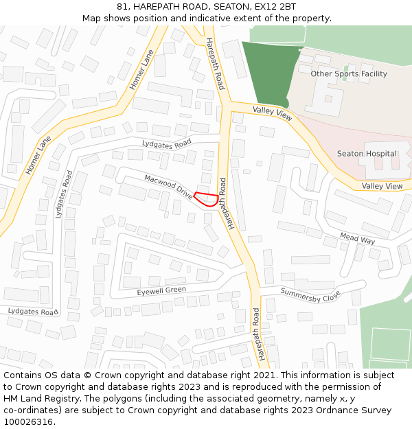 81, HAREPATH ROAD, SEATON, EX12 2BT: Location map and indicative extent of plot