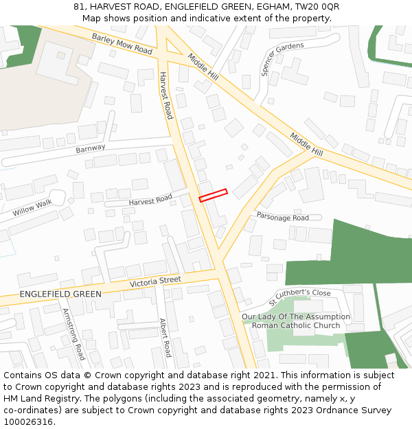 81, HARVEST ROAD, ENGLEFIELD GREEN, EGHAM, TW20 0QR: Location map and indicative extent of plot