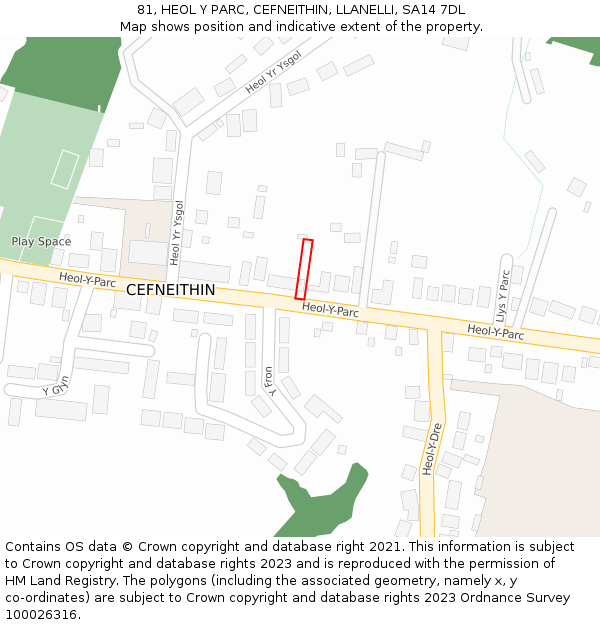 81, HEOL Y PARC, CEFNEITHIN, LLANELLI, SA14 7DL: Location map and indicative extent of plot