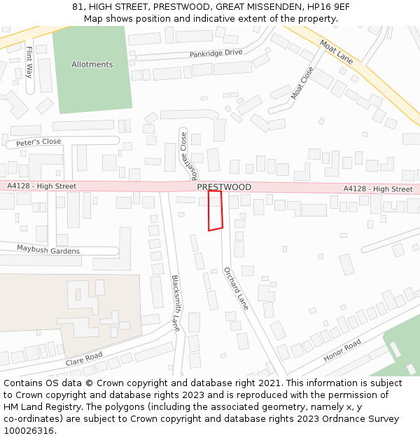 81, HIGH STREET, PRESTWOOD, GREAT MISSENDEN, HP16 9EF: Location map and indicative extent of plot