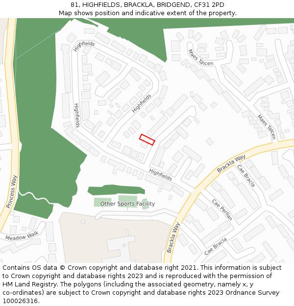 81, HIGHFIELDS, BRACKLA, BRIDGEND, CF31 2PD: Location map and indicative extent of plot