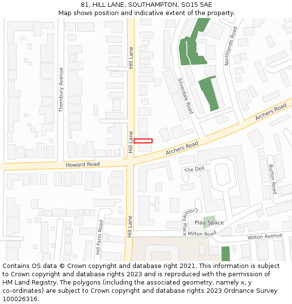 81, HILL LANE, SOUTHAMPTON, SO15 5AE: Location map and indicative extent of plot