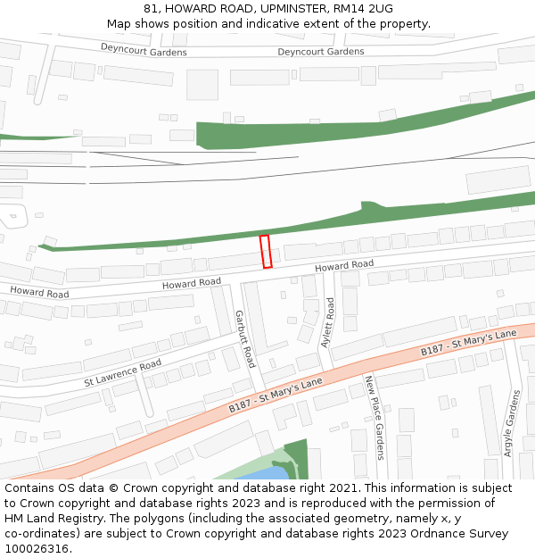 81, HOWARD ROAD, UPMINSTER, RM14 2UG: Location map and indicative extent of plot