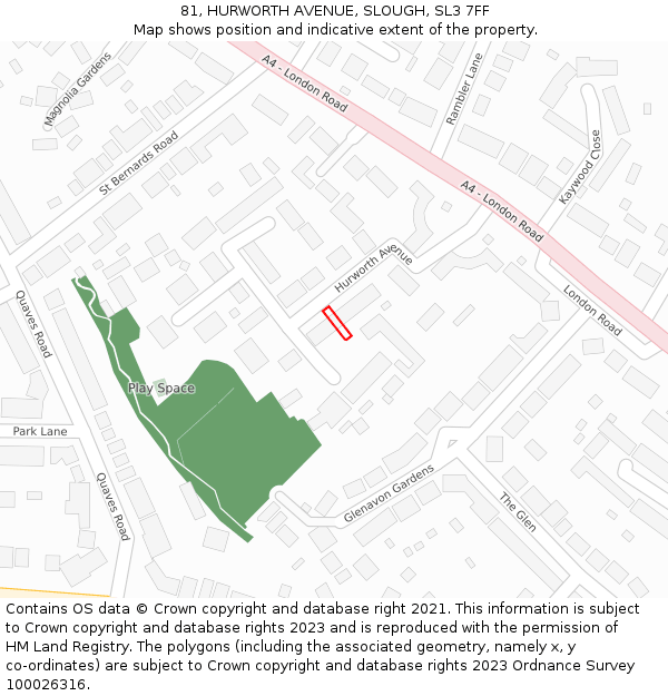 81, HURWORTH AVENUE, SLOUGH, SL3 7FF: Location map and indicative extent of plot