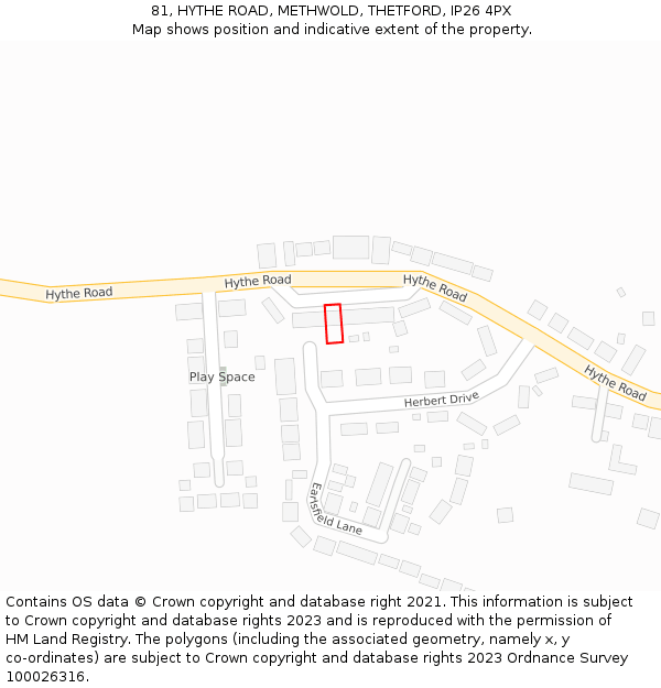 81, HYTHE ROAD, METHWOLD, THETFORD, IP26 4PX: Location map and indicative extent of plot