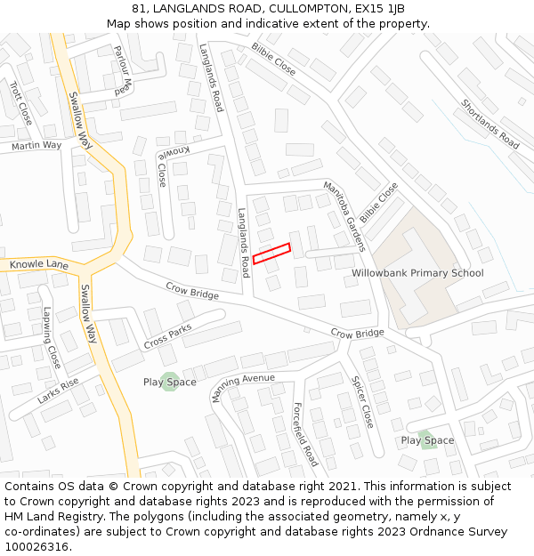 81, LANGLANDS ROAD, CULLOMPTON, EX15 1JB: Location map and indicative extent of plot