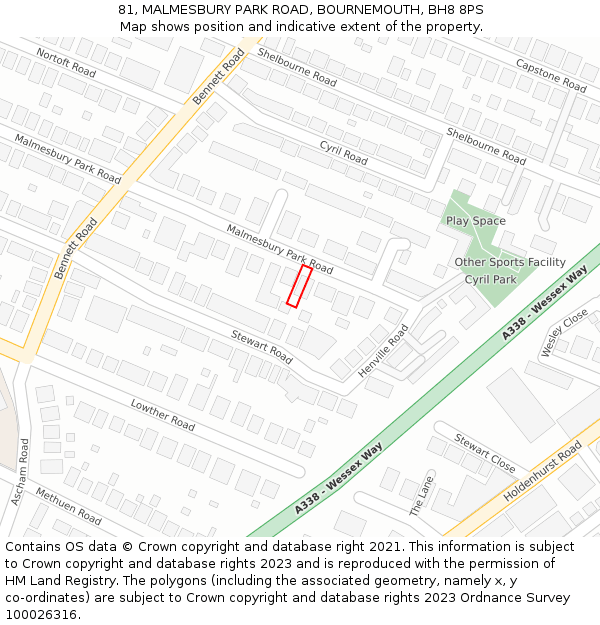 81, MALMESBURY PARK ROAD, BOURNEMOUTH, BH8 8PS: Location map and indicative extent of plot