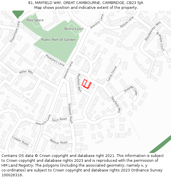 81, MAYFIELD WAY, GREAT CAMBOURNE, CAMBRIDGE, CB23 5JA: Location map and indicative extent of plot