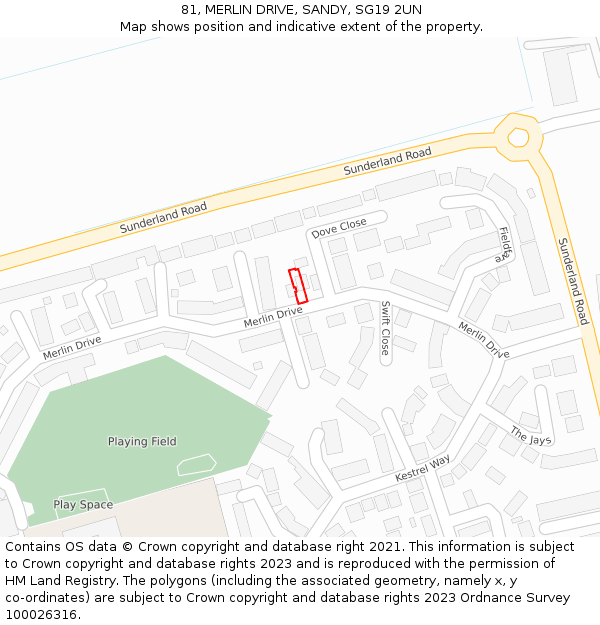 81, MERLIN DRIVE, SANDY, SG19 2UN: Location map and indicative extent of plot