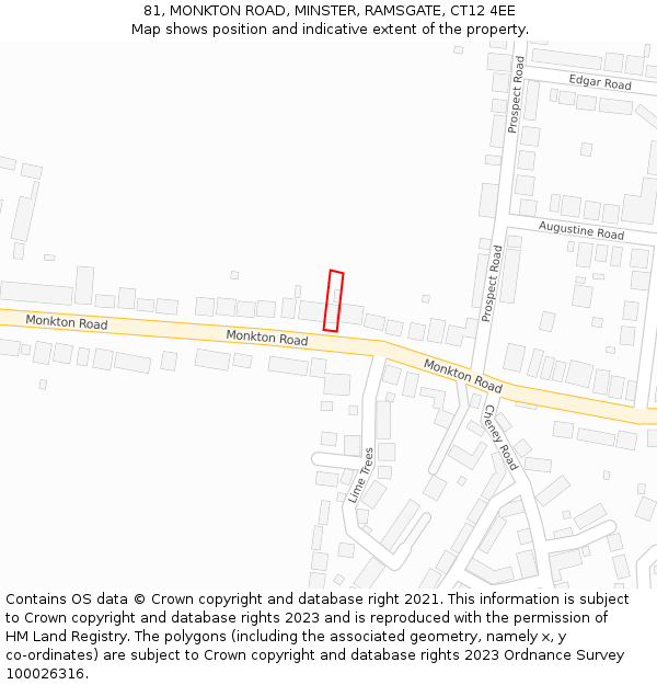 81, MONKTON ROAD, MINSTER, RAMSGATE, CT12 4EE: Location map and indicative extent of plot