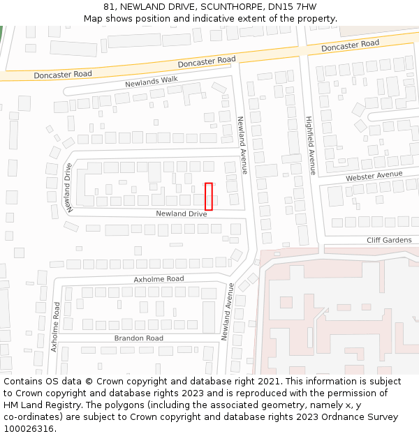 81, NEWLAND DRIVE, SCUNTHORPE, DN15 7HW: Location map and indicative extent of plot