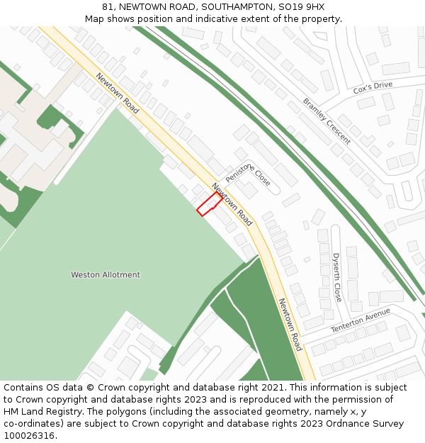 81, NEWTOWN ROAD, SOUTHAMPTON, SO19 9HX: Location map and indicative extent of plot