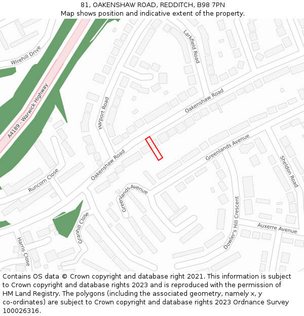 81, OAKENSHAW ROAD, REDDITCH, B98 7PN: Location map and indicative extent of plot