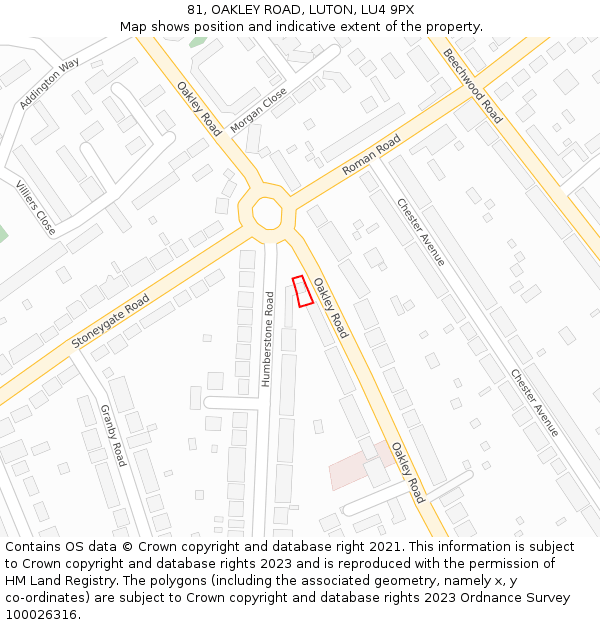 81, OAKLEY ROAD, LUTON, LU4 9PX: Location map and indicative extent of plot