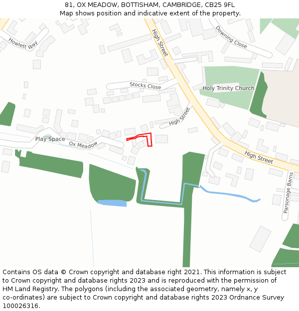 81, OX MEADOW, BOTTISHAM, CAMBRIDGE, CB25 9FL: Location map and indicative extent of plot