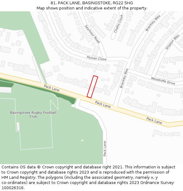 81, PACK LANE, BASINGSTOKE, RG22 5HG: Location map and indicative extent of plot