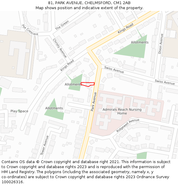 81, PARK AVENUE, CHELMSFORD, CM1 2AB: Location map and indicative extent of plot