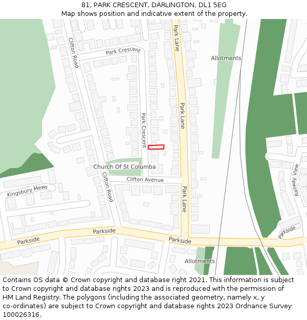 81, PARK CRESCENT, DARLINGTON, DL1 5EG: Location map and indicative extent of plot