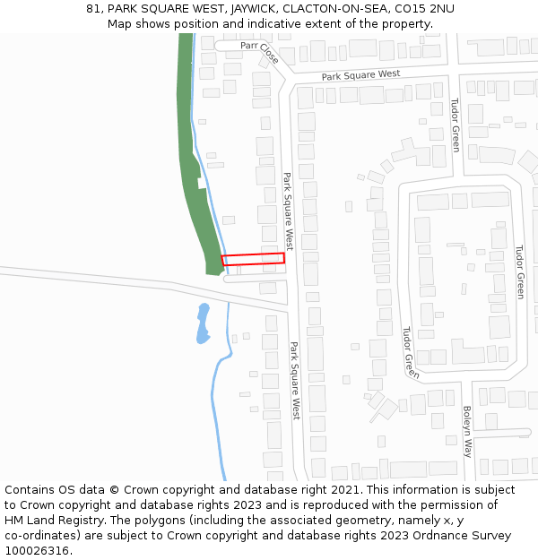 81, PARK SQUARE WEST, JAYWICK, CLACTON-ON-SEA, CO15 2NU: Location map and indicative extent of plot