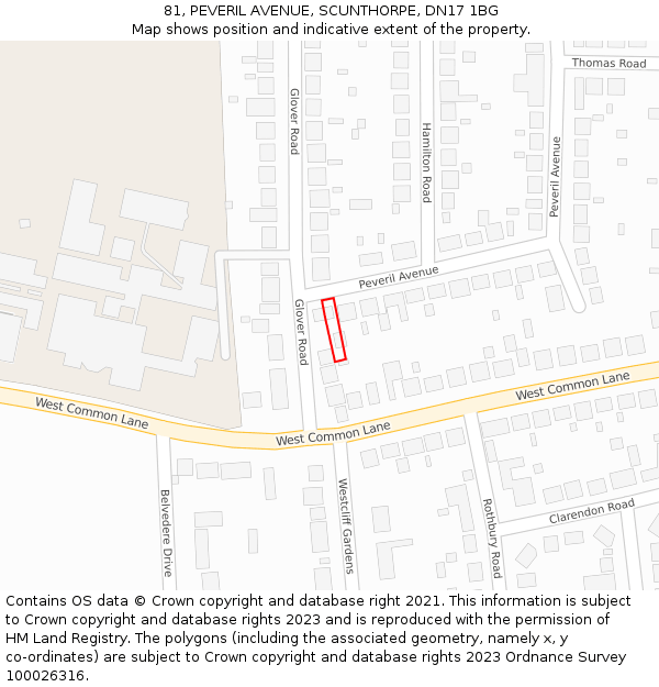 81, PEVERIL AVENUE, SCUNTHORPE, DN17 1BG: Location map and indicative extent of plot
