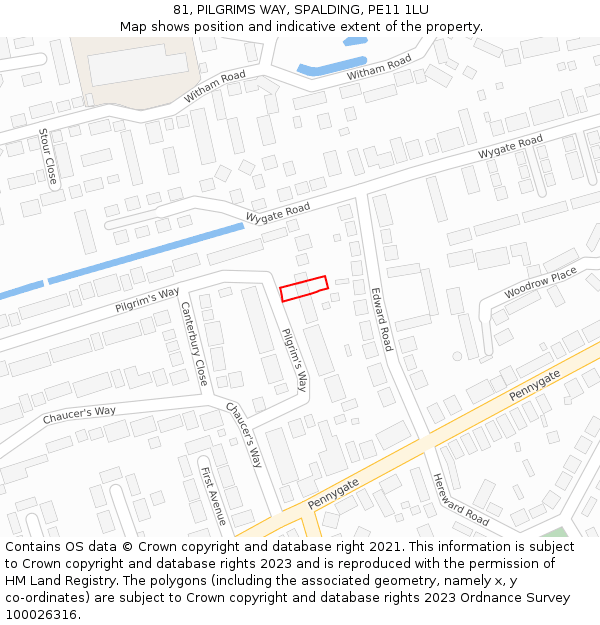 81, PILGRIMS WAY, SPALDING, PE11 1LU: Location map and indicative extent of plot